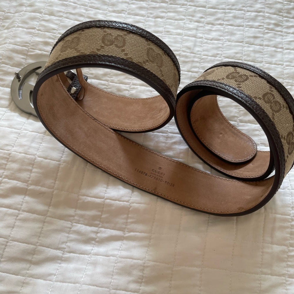 ❌SOLD❌💯Authentic Gucci Canvas Leather Silver Interlocking Buckle belt size 38 - Picture 12 of 15